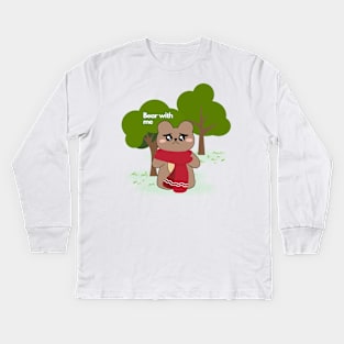 Cute Bear with me forest green garden illustration Kids Long Sleeve T-Shirt